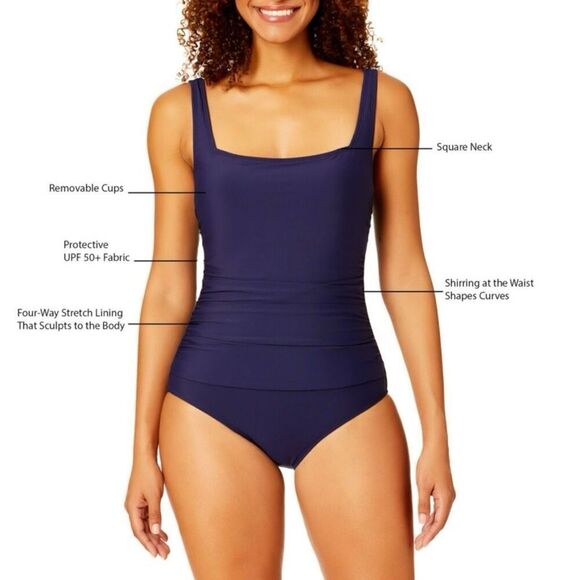 Anne Cole Women’s Square Neck One Piece Swimsuit Small Color Navy - Picture 3 of 10